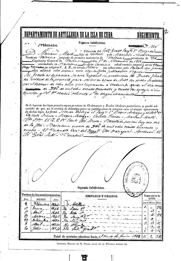 Folio del expediente de Mariano Martí