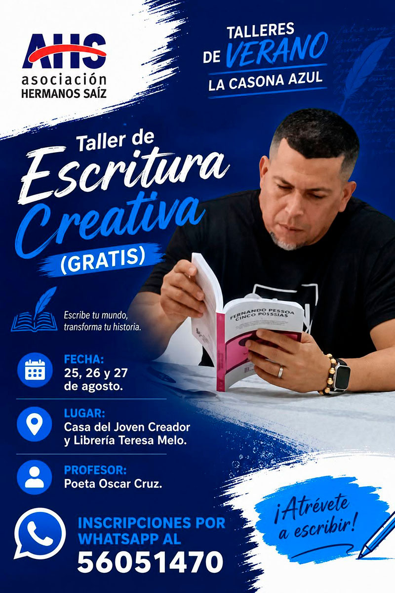 Santiago de Cuba: Casa del Joven Creador y Librería Teresa Melo, martes 25, miércoles 26 y jueves 27, Taller de Escritura Creativa, un espacio para jugar con las palabras, descubrir nuevas formas de escribir y compartir el proceso de creación literaria, profesor: Oscar Cruz.