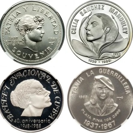Distintas representaciones femeninas en el anverso de monedas conmemorativas cubanas.