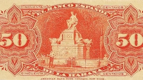 Reverso del billete de cincuenta centavos de 1889 del Banco Español de la Habana.
