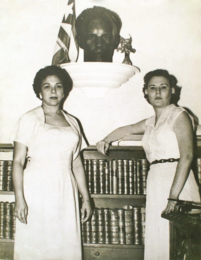 Melba y Haydée ante un busto de José Martí