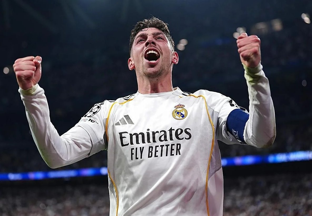 Fede Valverde celebra uno de sus goles contra el Manchester City en la ida de los octavos de final de la UEFA Champions League