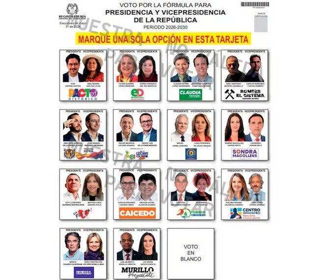 Esta es la tarjeta electoral presidencial en Colombia.