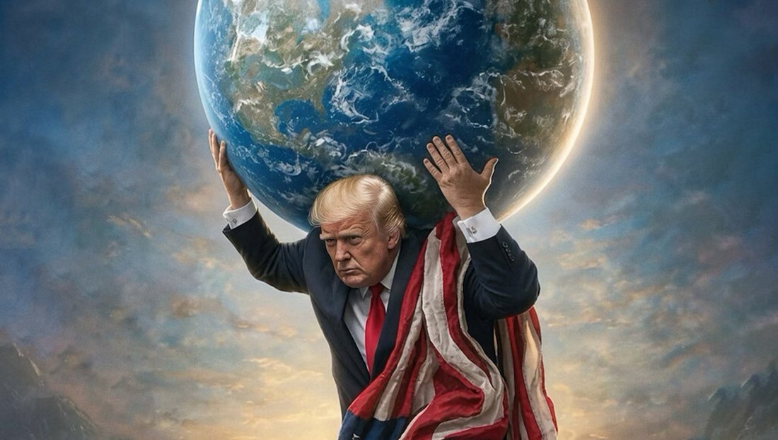 El sábado, en su red propia (Truth Social), Donald Trump publicó esta imagen suya como si fuera Atlas sosteniendo el planeta.