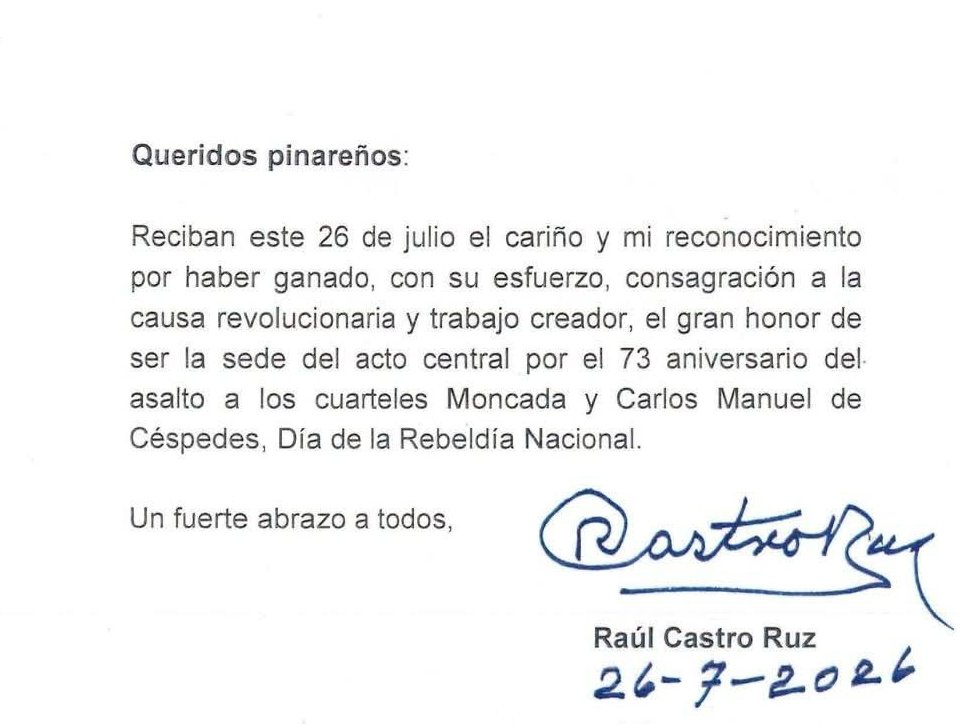 Mensaje de Raúl al pueblo pinareño