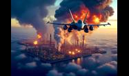 Recreación de un ataque aéreo contra una planta de combustibles,