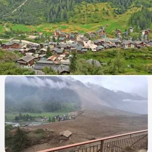 Vista aérea del pueblo de Blatten, devastado por el alud tras el colapso glaciar en los Alpes suizos.