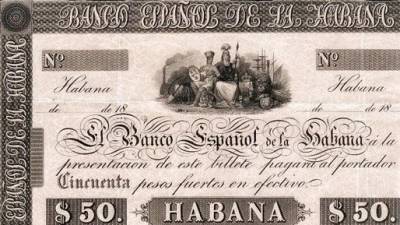 Anverso de un billete de 50 pesos del Banco Español de la Habana con figuras femeninas alusivas a la isla de Cuba (representada como una joven indígena) y a España (mujer guerrera en actitud protectora).