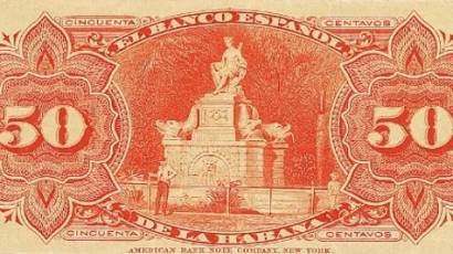 Reverso del billete de cincuenta centavos de 1889 del Banco Español de la Habana.