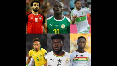 De izquierda a derecha, arriba: Salah (Egipto), Mané (Senegal) y Mahrez (Argelia); y abajo: Aubameyang (Gabón), Partey (Ghana) y Keita (Guinea) serán algunos de los principales animadores de la lid.