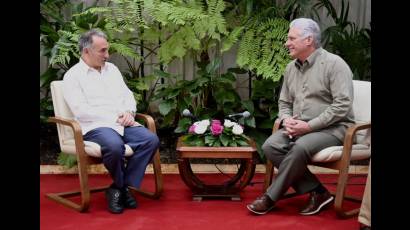 Encuentro del primer secretario del Partido Comunista de Cuba y presidente de la República, Miguel Díaz-Canel, con el secretario general del Partido Comunista Español, Enrique Santiago Romero