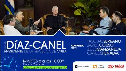 Entrevista del presidente cubano con los intelectuales Pascual Serrano, Javier Couso, José Manzaneda y Carlos Penalva, en el contexto del IV Coloquio Internacional Patria