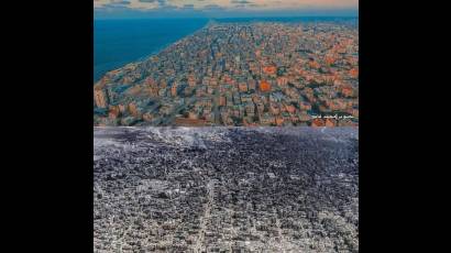 La Franja de Gaza antes (arriba) y después de las acciones bélicas y destructoras del régimen sionista