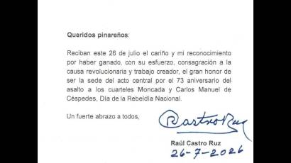 Mensaje de Raúl al pueblo pinareño