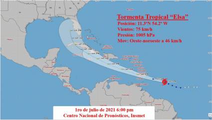 Cono de trayectoria de la tormenta tropical Elsa