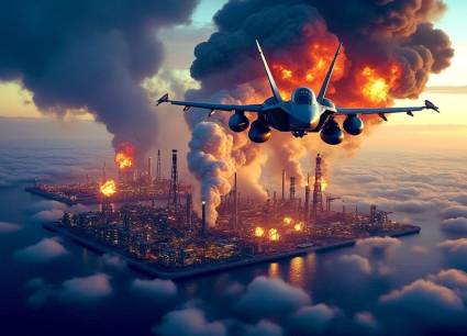 Recreación de un ataque aéreo contra una planta de combustibles,